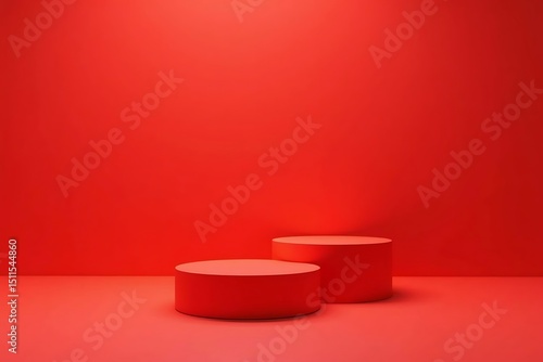 Two cylindrical red podiums for product display on a matching red background