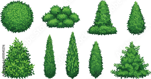 A collection of stylized green bush and topiary illustrations in various shapes, including spherical, clustered, and conical forms.