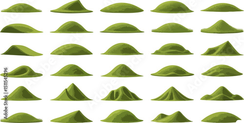A collection of stylized grassy hill and mound illustrations in various shapes and sizes, arranged in a grid on a light background.