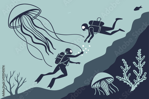 Two scuba divers exploring ocean depths with jellyfish
