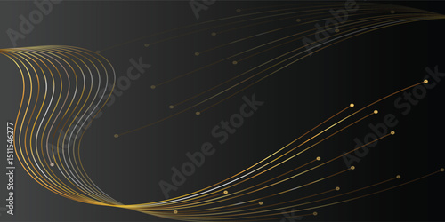 Elegant Gold and Silver Lines on Dark Background. A sophisticated abstract design featuring a dynamic pattern of gold and silver lines flowing across a dark background.