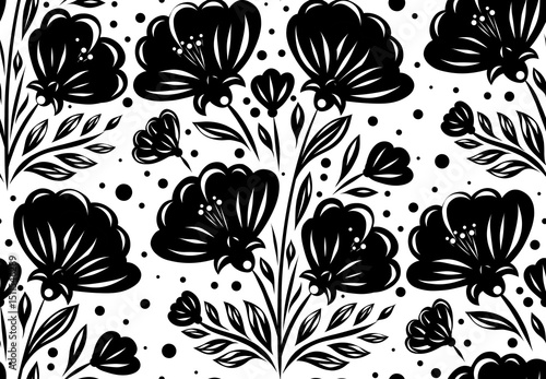 Vector seamless pattern with stylized black floral silhouettes in folk style. Texture with tracery flowers. Monochrome decorative art.