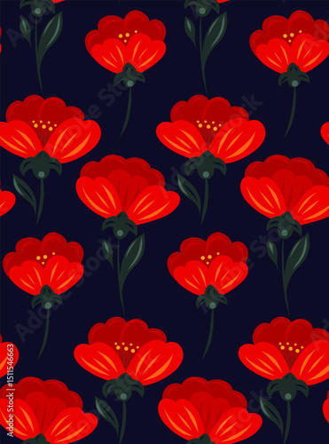 Vector rustic pattern with red poppies in a row on a dark blue background. Decorative floral texture in folk art style