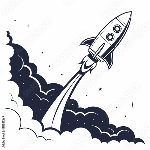 Vintage rocket launching into space
