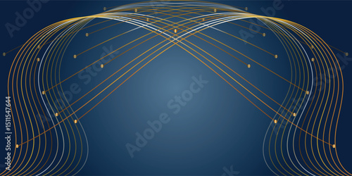 Elegant Gold and Silver Lines Intertwined on a Navy Background. A sophisticated graphic design featuring interwoven gold and silver lines that create a dynamic, flowing pattern on a deep navy blue bac