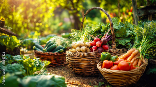 Fresh vegetables in baskets on a sunny garden morning.