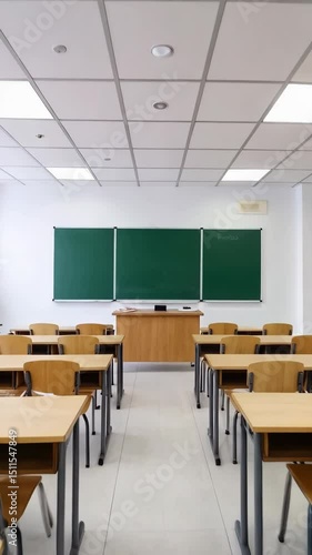 Empty classroom shows rows of wooden desks, green chalkboard, teacher's desk, and white tiled floor for elementary education.