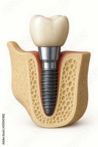 3D Cross-Section of Dental Implant in Jawbone with Titanium Screw, Abutment and Crown