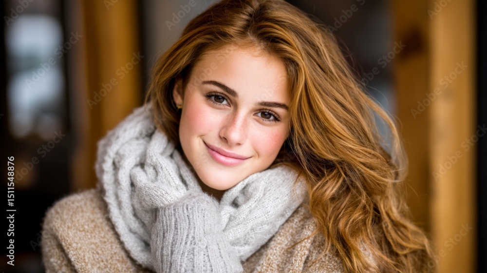 Close-up portrait of a young woman with long wavy hair smiling warmly indoors Close-up portrait of a young woman with long wavy hair smiling warmly indoors