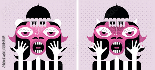 Catwoman, abstract surreal character with piano keys on head, strange facial features and hands near face. Pop art style, symmetrical geometric flat design, pink and black color palette.