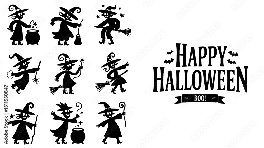 Naklejka premium SILHOUETTE HALLOWEEN, halloween silhouette bundle, halloween bundle, halloween, pumpkin, vector, cat, icon, set, ghost, bat, holiday, illustration, witch, cartoon, autumn, design, spider, silhouette,