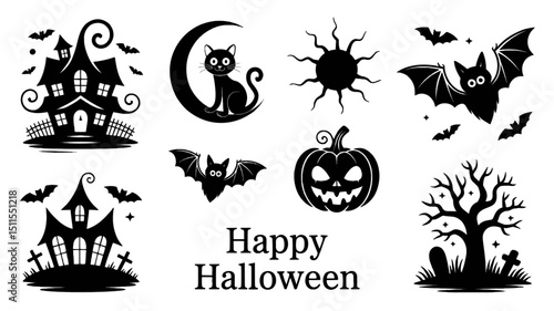 SILHOUETTE HALLOWEEN, halloween silhouette bundle, halloween bundle, halloween, pumpkin, vector, cat, icon, set, ghost, bat, holiday, illustration, witch, cartoon, autumn, design, spider, silhouette, 