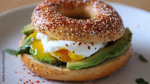 bagel with avocado, poached egg, and chili flakes, healthy brunch plate