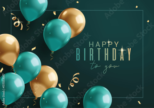 Happy birthday greeting card clipart design. Birthday balloons invitation card clip art in green elegant background for party celebration template vector illustration. 
