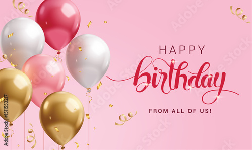 Happy birthday greeting card clipart design. Birthday girl invitation card and wishes clip art with floating balloons in pink background vector illustration. 
