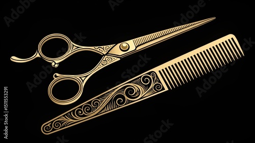 Ornate Gold Scissors and Comb Barbershop Design, Hairdressing Tools, Vintage Style, Black Background Barber, Hair Salon