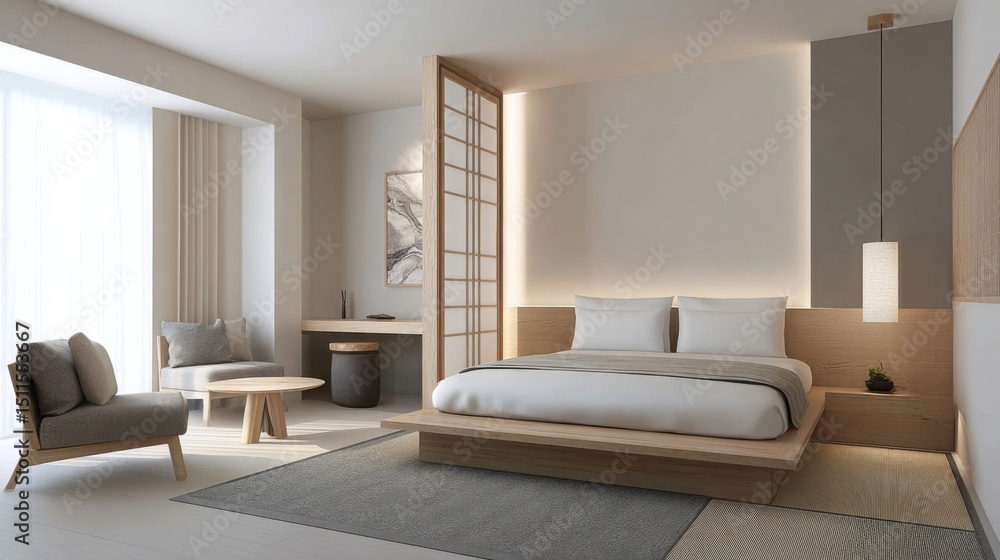 Modern hotel room in Japanese minimalism style, clean lines, neutral tones, shoji-inspired wall panel Modern hotel room in Japanese minimalism style, clean lines, neutral tones, shoji-inspired wall panel