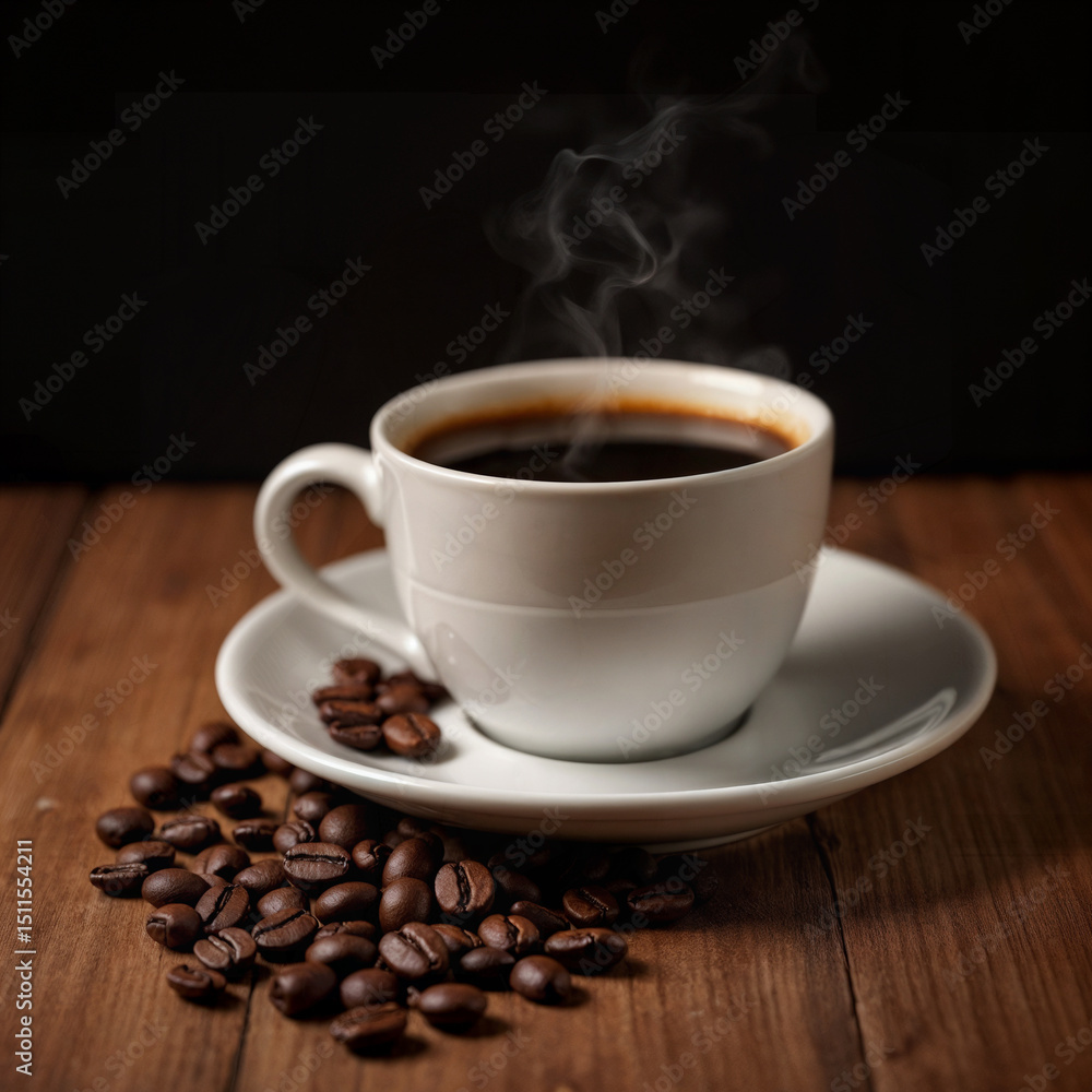 Hot coffee in a white coffee cup and many coffee beans placed around on a wooden table in a warm, light atmosphere, on dark background, with copy space. Hot coffee in a white coffee cup and many coffee beans placed around on a wooden table in a warm, light atmosphere, on dark background, with copy space.