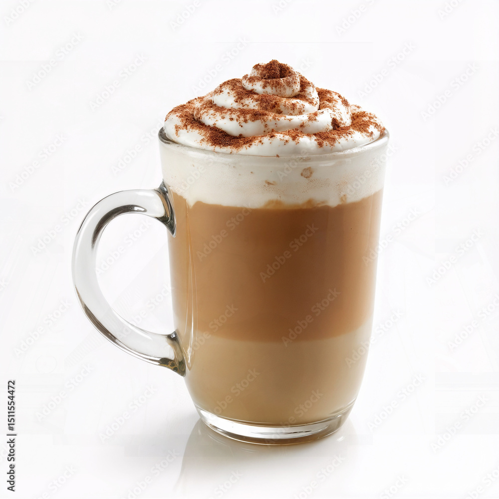 Foamy coffee cappuccino with wiped milk and coco powder on top, in double glass mug isolated on white background.
Foamy coffee cappuccino with wiped milk and coco powder on top, in double glass mug isolated on white background.