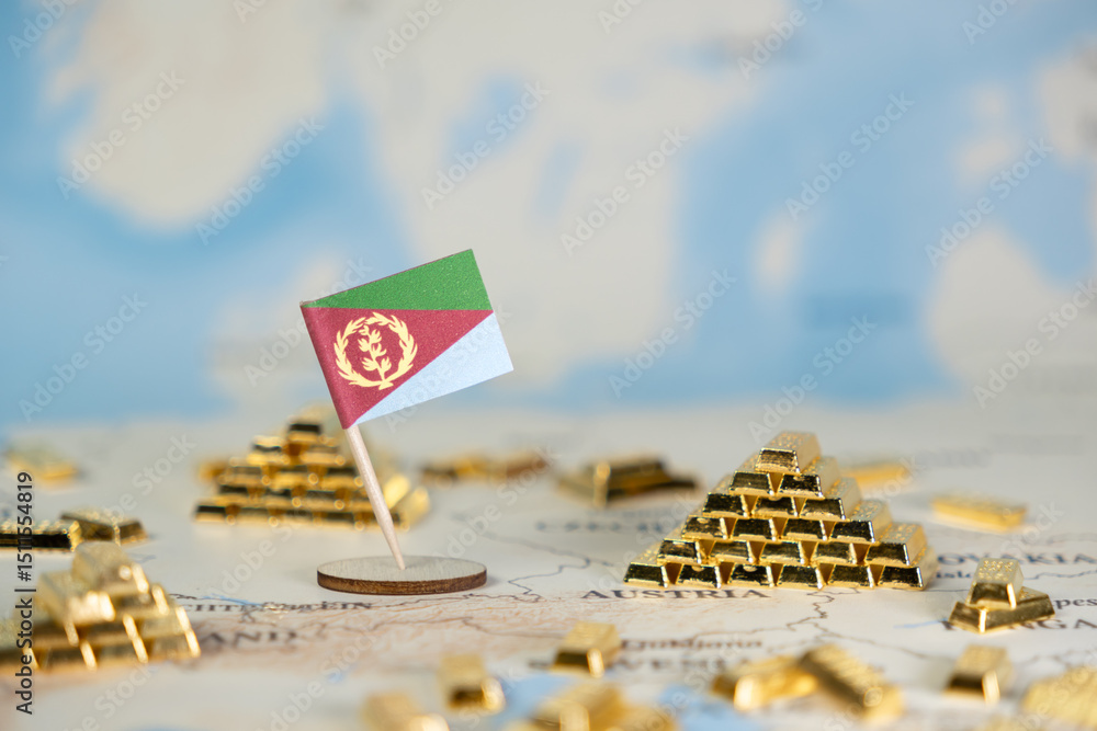 Naklejka premium Eritrean flag on global world map featuring gold bars, symbolizing national economic wealth, valuable mineral resources, and international financial investment, offering copy space