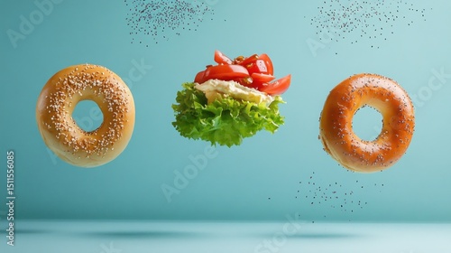 studio shot of floating bagel and toppings, surreal composition