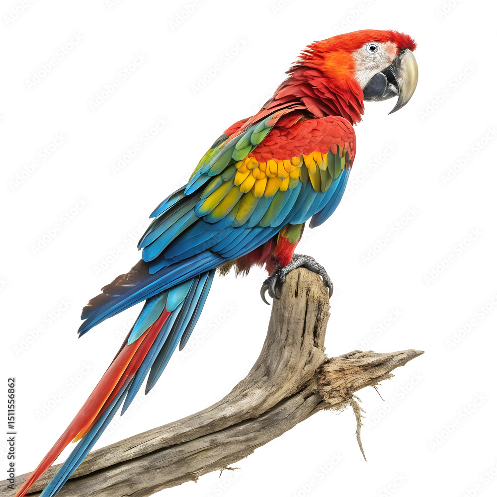 Fototapeta premium A vibrant full-body macaw parrot perched gracefully with colorful feathers and a lively posture.