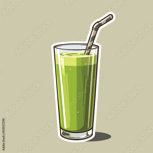 Refreshing Green Smoothie in Tall Glass with Striped Straw