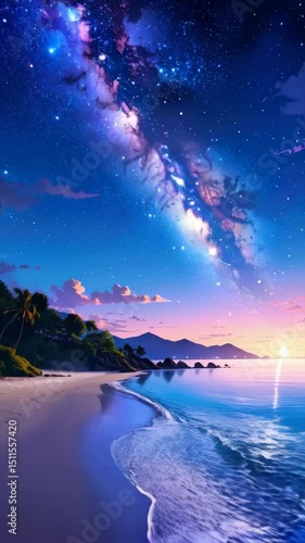 Animated night sky with the Milky Way over peaceful tropical beach with palm trees, mountains, ocean waves and tranquil sunset