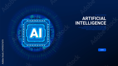 Artificial intelligence chip concept. Semiconductor technology concept. Modern vector illustration of AI CPU isolated on dark background. Ai chipset with HUD elements.