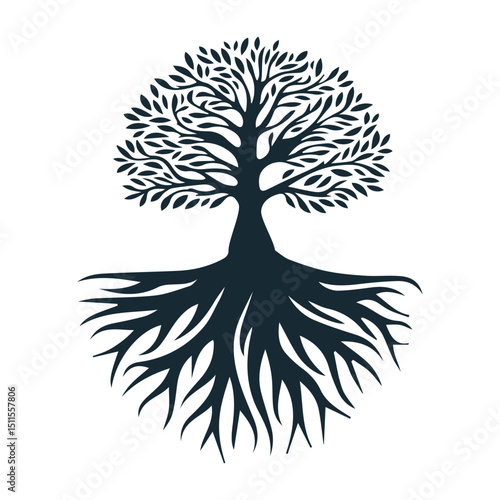 Dark silhouette of tree with deep spreading roots and full leafy crown nature symbol illustration