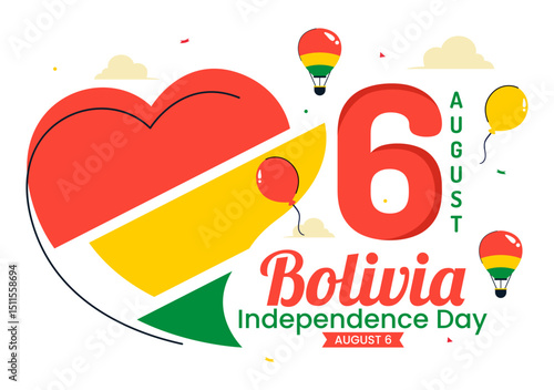 Bolivia Independence Day Vector Illustration on August 6, Featuring a Waving Flag and Ribbon in a Festive National Holiday Scene with Flat Background