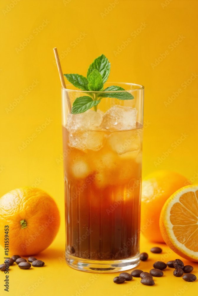 Fototapeta premium Espresso coffee with orange juice (bumble) in a tall glass with ice and mint on a yellow background with coffee beans, shadows and citrus fruits. Trendy summer Asian refreshing drink. No text