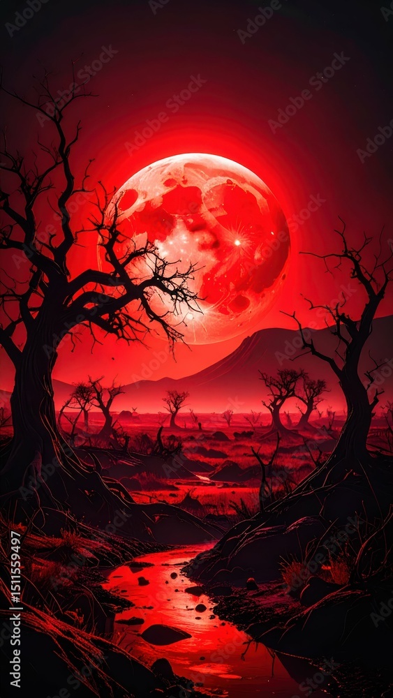 Illuminating Red Moon Over Twisted Trees in Desolate Landscape Illuminating Red Moon Over Twisted Trees in Desolate Landscape