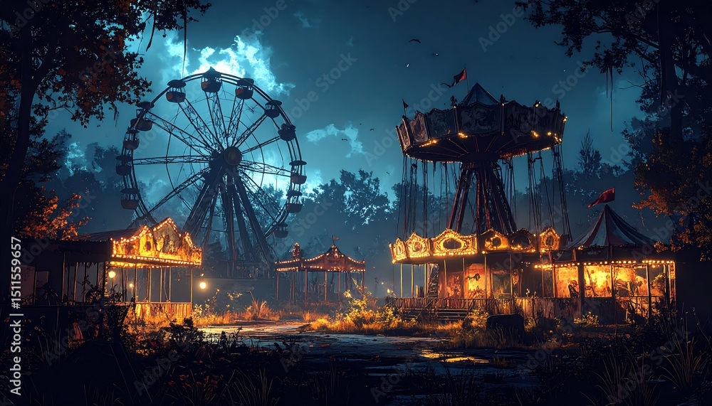 Creepy Abandoned Amusement Park at Night with Rusted Rides and Shadows Creepy Abandoned Amusement Park at Night with Rusted Rides and Shadows