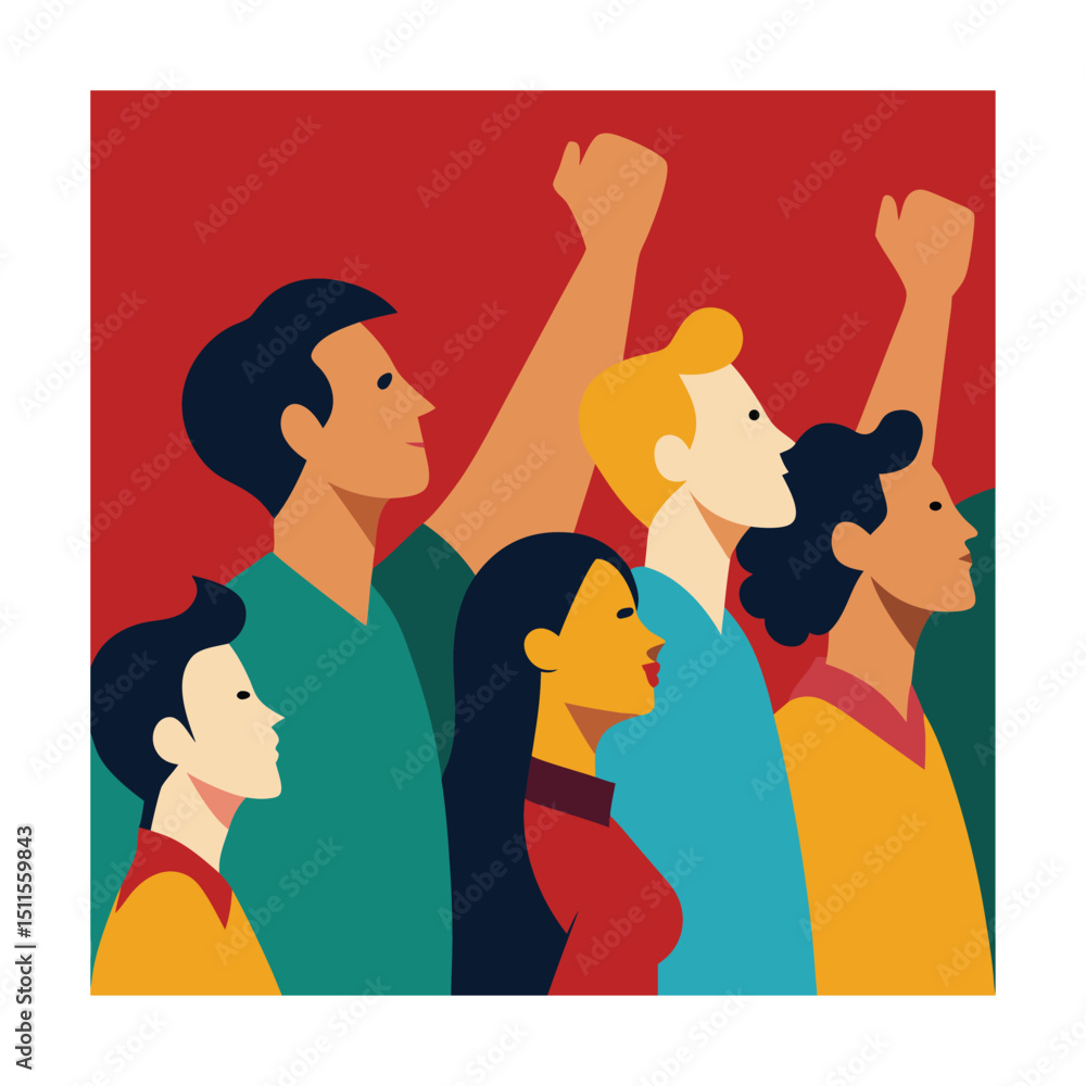 Fototapeta premium Diverse group of people protesting with fists raised in a unified display