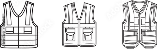 Safety and Tactical Vest Icon Set. Outline Vector Illustrations of Workwear Gear with Pockets and Straps
