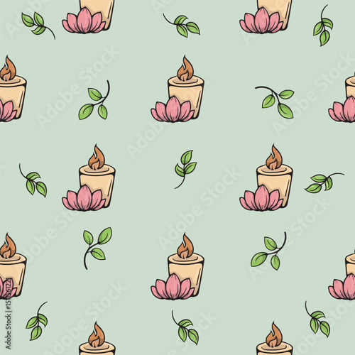 Cosmetic candle and lotus flower. SPA procedures. Vector seamless pattern. Bright illustration for background, print, wrapping paper. Repeating pattern on green background