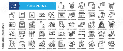 50 Shopping icon set. Containing design Grocery, Groceries, Wallet, Barcode, Trolley	