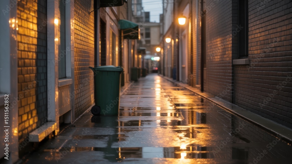 Fototapeta premium Golden Streetlights Illuminate Wet Alley