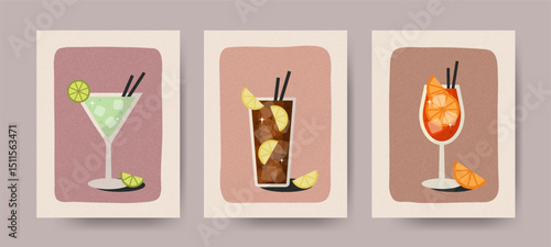 Vintage summer cocktails illustrated on elegant cards. Alcoholic beverages in creative layouts for pub, bar, club, or beach party. Set of drink posters with citrus, ice cubes, and retro flair.