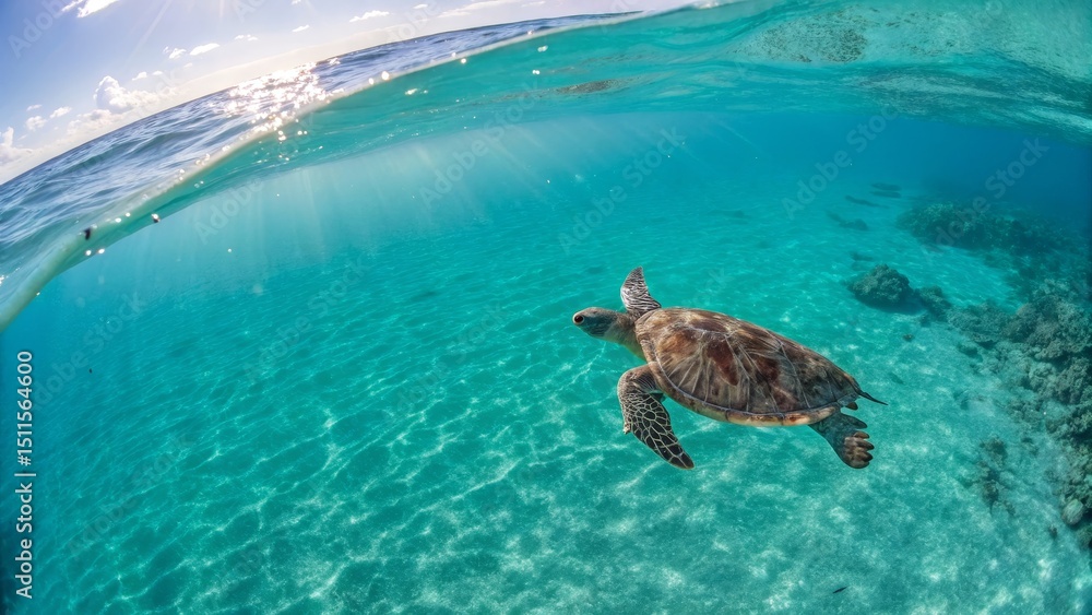 Obraz premium Underwater Sea Turtle Split-Level Composition, Sunlit Ocean, Green Turtle, Marine Wildlife, Ocean Photography Green Turtle, Underwater Photography