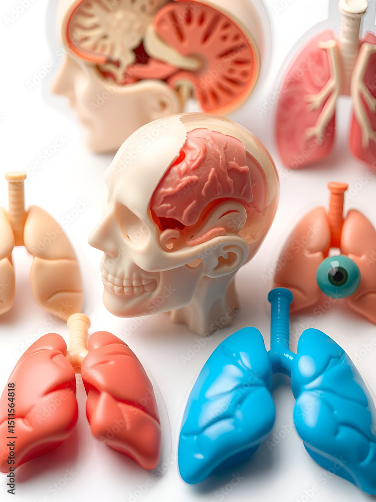 Obraz premium collection of human head cross section, lungs and eyeball anatomy plastic science miniature models of organs for diseases or medical education, isolated on white cutout background, Generative A