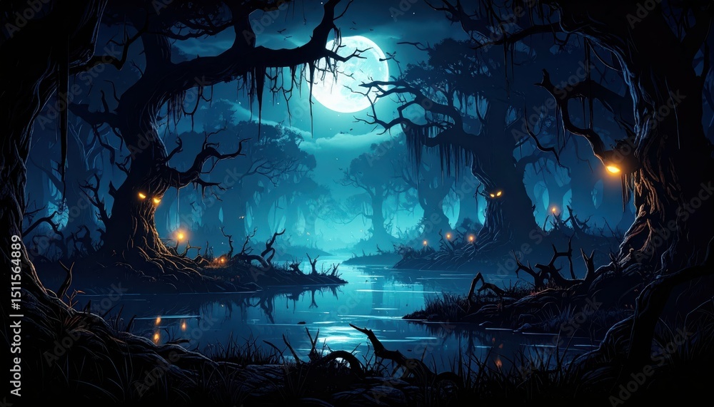 Fototapeta premium Dark and Sinister Swamp with Gnarled Trees and Murky Water