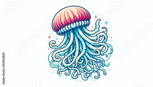 Vector illustration of a jellyfish with flowing tentacles and a translucent bell, set against a simple background