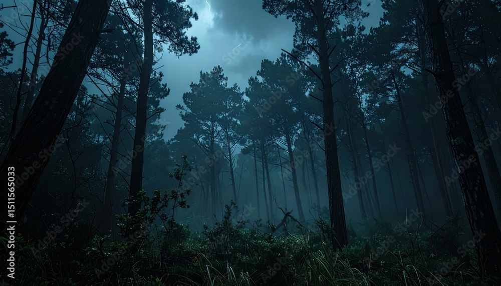Naklejka premium Dark Stormy Night in a Remote Forest with Swirling Trees and Fog