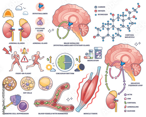 Cortisol regulation shows brain, adrenal glands, and cortisol molecule, illustrating hormone signaling and stress response, transparent background. Outline style collection