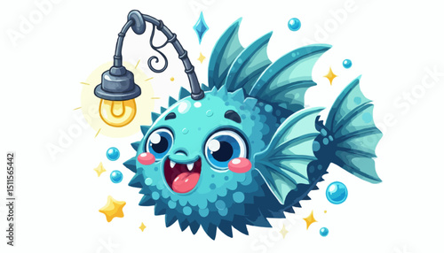 Funny smiling yellow cartoon Anglerfish character swimming in the sea