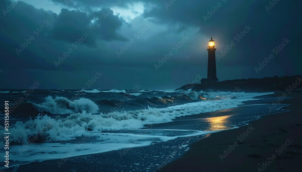 Fototapeta premium Stormy Night with Waves Crashing on Deserted Beach and Lighthouse
