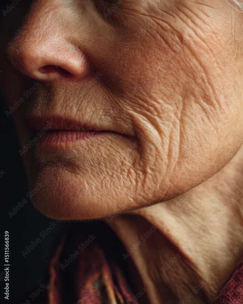 Obraz premium Close Up Portrait of a Woman's Face Showing Wrinkles and Texture