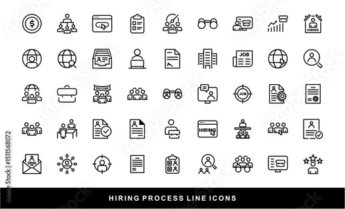 Hiring Process Line Icons. Recruitment, Job Application, Interview, Candidate Selection Vector Set